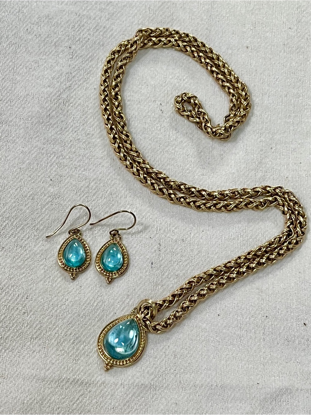 Estate -Gold Tone Necklace and Earrings w/ Teardrop Glass Blue Stones